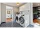 Convenient laundry room with modern washer and dryer, cabinets, and eye-catching tile flooring at 1343 Gay St, Longmont, CO 80501