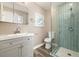 Modern bathroom features a glass enclosed shower, modern vanity, and a neutral color scheme at 12843 W Jewell Cir, Lakewood, CO 80228