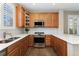 Bright kitchen features stainless steel appliances, wood cabinets, modern countertops, and a large sink at 10618 Clearview Ln, Highlands Ranch, CO 80126