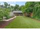 A large backyard with well-maintained artificial turf and stone pathways, bordered by lush landscaping at 4438 S Elati St, Englewood, CO 80110