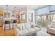 Open living space showcasing a white leather sofa, breakfast bar, and large windows with city views at 2958 Syracuse St # 316, Denver, CO 80238
