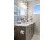 Modern bathroom featuring a vanity with stylish lighting, a unique mirror, and grey tiling at 1215 N Perry St, Denver, CO 80204