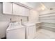 Laundry room with washer, dryer, cabinets, and shelving at 302 Linden St, Frederick, CO 80530