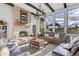 Cozy living room with stone fireplace, wood beams, and large windows for natural light at 15355 Zuni St, Broomfield, CO 80023