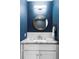 Stylish powder room featuring modern finishes, unique wallpaper, and a round mirror at 2048 Meade St, Denver, CO 80211