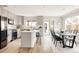 Modern kitchen with stainless steel appliances, light gray cabinets, and eat-in dining area at 2134 S Galapago, Denver, CO 80223