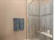 Walk-in shower featuring gray-toned wood-look tile and glass doors at 16406 W 85Th Ln # A, Arvada, CO 80007