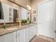 Granite countertop bathroom with double sink, lots of counter space, and white cabinets at 16406 W 85Th Ln # A, Arvada, CO 80007