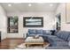Comfortable living room with a blue sectional and ottoman on a cowhide rug at 23785 Currant Dr, Golden, CO 80401