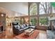 Spacious open-concept living area featuring a cozy sectional couch, fireplace, and views to the backyard at 7954 S Franklin Ct, Centennial, CO 80122