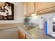 Close up view of the kitchen sink and counter area with light wood cabinets at 909 N Logan St # 10C, Denver, CO 80203