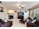 The cozy living room features a fireplace, plush seating, and a ceiling fan at 2959 W 110Th Pl, Westminster, CO 80234