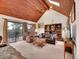 Comfortable living room boasts a vaulted wood ceiling and access to an outdoor deck at 23485 Bluestem Dr, Golden, CO 80401