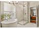 Modern bathroom with a freestanding tub, walk-in shower, and stylish fixtures at 1762 Granger Cir, Castle Rock, CO 80109