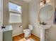 A cozy half-bathroom with wood-style floors and large mirror at 4864 Harness Ct, Parker, CO 80134