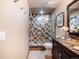 Bathroom with tiled shower featuring glass doors and a built-in bench at 62 N Ranch Rd, Littleton, CO 80127