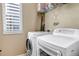 Bright laundry room featuring modern washer and dryer units and a window with blinds at 21658 E Tallkid Ave, Parker, CO 80138
