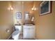 Small powder room with white vanity and wood flooring at 7777 E 1St Pl # 110, Denver, CO 80230