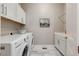 Functional laundry room with white cabinets, countertop space, modern appliances, and stylish tile flooring at 360 Basilwood Way, Highlands Ranch, CO 80126