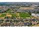 Wide aerial view of a residential area including green spaces, parks, and a city skyline at 9395 Night Star Pl, Lone Tree, CO 80124
