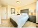 Neutral bedroom featuring a stylish bed frame with an off-white duvet and matching decorative pillows at 17955 E 107Th Pl, Commerce City, CO 80022
