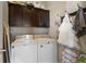 Convenient laundry room includes a side-by-side washer and dryer and upper cabinets for storage at 756 Ranchhand Dr, Berthoud, CO 80513
