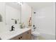 Well-lit bathroom featuring modern fixtures, a vanity with a sink, and a shower with a white-tiled surround at 3866 S King St, Denver, CO 80236