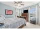 Comfortable bedroom with a blue patterned quilt, dresser, and bright natural light at 3357 N Akron Ct, Denver, CO 80238