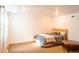 Minimalist bedroom with a simple bed frame, soft lighting, and carpeted floors at 919 Taylor Ln, Erie, CO 80516