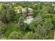An aerial view showcases this home's pool, backyard and lush surrounding landscape at 5851 S Colorado Blvd, Greenwood Village, CO 80121