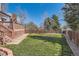 Spacious backyard with lush green lawn, wood fence, and mature trees offering privacy at 7926 S Corona Ct, Centennial, CO 80122