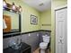 Stylish bathroom features a black granite countertop, modern glass sink, decorative lighting, and tiled walls at 5884 S Hanover Way, Greenwood Village, CO 80111