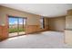 Well-lit basement area with patio access and wood-paneled walls, ideal for relaxing or hobbies at 5351 Tall Horse Trl, Sedalia, CO 80135