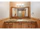 Elegant bathroom featuring a granite countertop, wood cabinets, and a large mirror reflecting the tastefully designed space and lighting at 5351 Tall Horse Trl, Sedalia, CO 80135