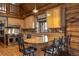 Rustic kitchen features log walls, wood cabinets, granite countertops and modern stainless steel appliances at 5351 Tall Horse Trl, Sedalia, CO 80135