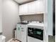 Modern laundry room with white cabinets above a front-load washer and dryer for convenience at 25046 E Bayaud Pl, Aurora, CO 80018