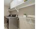 Laundry room with modern appliances and storage shelves at 4053 S Riviera St, Aurora, CO 80018