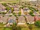 High angle shot of a neighborhood full of colorful houses, green grass, and tree lined streets at 11649 E 111Th Ave, Commerce City, CO 80640