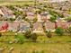 Birds eye view of a colorful housing community adjacent to a green park at 11649 E 111Th Ave, Commerce City, CO 80640
