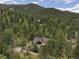 Aerial view of a secluded home surrounded by lush greenery and towering trees, offering privacy and tranquility at 2218 Witter Gulch Rd, Evergreen, CO 80439