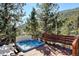 Inviting hot tub on a wood deck with seating and a backdrop of evergreen trees provides relaxation in a mountain setting at 2218 Witter Gulch Rd, Evergreen, CO 80439