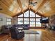 Cozy living room features a stone fireplace, wood ceiling and scenic winter view at 2218 Witter Gulch Rd, Evergreen, CO 80439