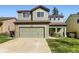 Two-story home showcasing a two-car garage and well-maintained lawn, offering an inviting curb appeal at 5327 Suffolk Cir, Castle Rock, CO 80104