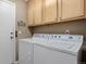 Convenient laundry room with overhead cabinetry, appliances, and door to exterior at 8258 S Sicily Ct, Aurora, CO 80016