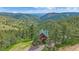 Scenic aerial view of a mountain cabin nestled in a vast, green forested area at 10390 Hondah Dr, Littleton, CO 80127