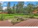 Expansive backyard with mature trees, picnic table, and a charming playset at 29090 Golf Way, Evergreen, CO 80439