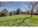 Lush backyard featuring a spacious lawn, mature trees, and a trampoline perfect for outdoor activities and play at 6708 S Niagara Ct, Centennial, CO 80112