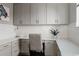 Stylish office space features sleek gray cabinetry, white subway tile backsplash, and a modern desk area at 8110 S Kellerman Cir, Aurora, CO 80016