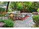 Charming backyard patio with a cozy seating area, colorful rug, and lush greenery, ideal for outdoor living at 5350 S Marshall St, Littleton, CO 80123