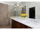 Elegant bathroom with double vanity, marble countertop, and glass-enclosed walk-in shower at 535 N High St, Denver, CO 80218